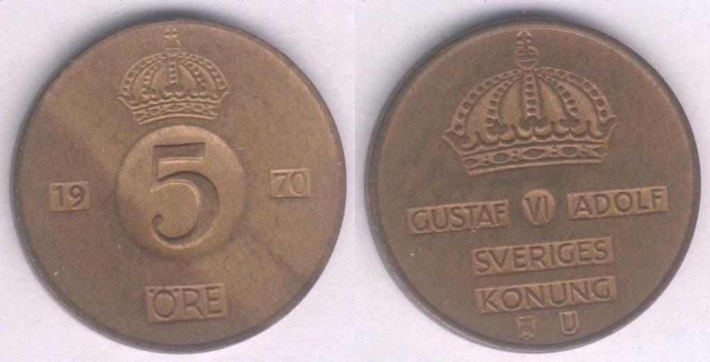 Монета Швеция 5 эре 1970 г. VF+