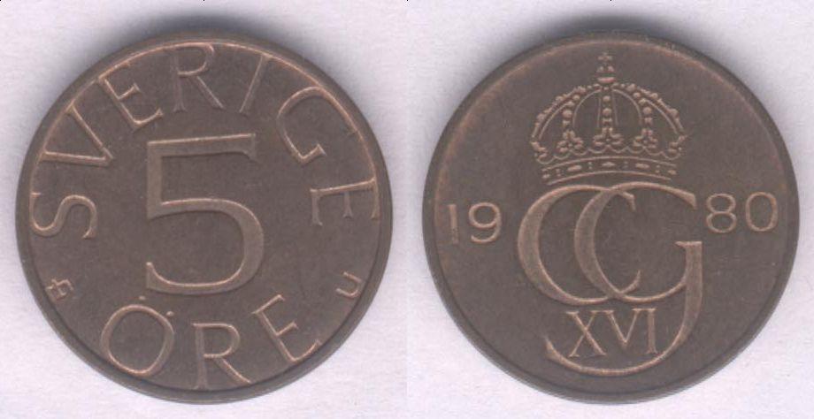 Монета Швеция 5 эре 1980 г. XF