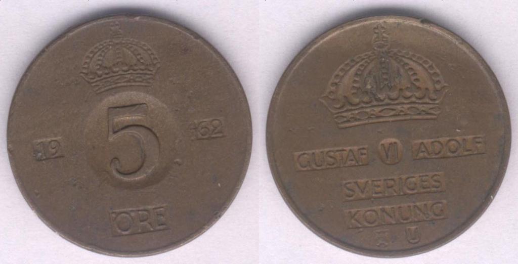 Монета Швеция 5 эре 1962 г. VF-