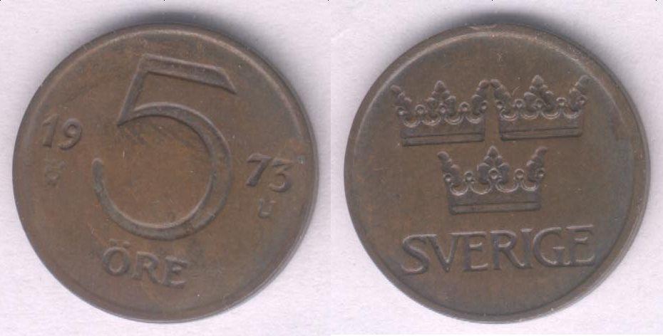 Монета Швеция 5 эре 1973 г. VF
