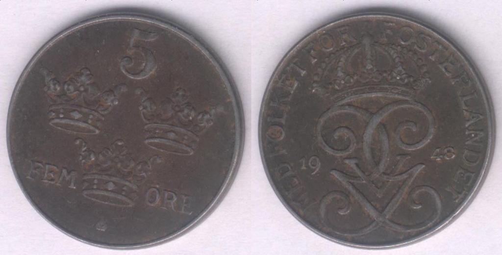 Монета Швеция 5 эре 1948 г. VF, железо