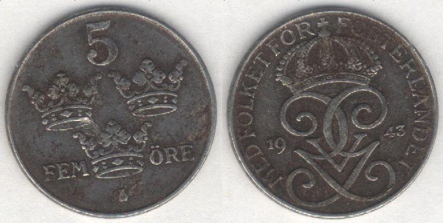 Монета Швеция 5 эре 1943 г. VF, железо