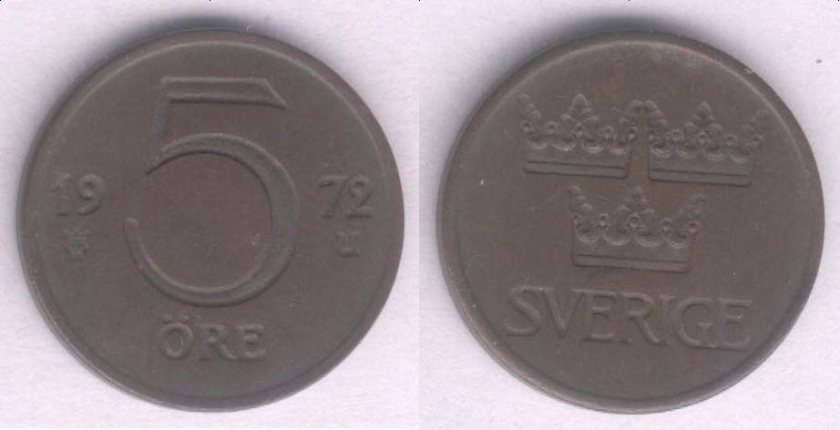 Монета Швеция 5 эре 1972 г. VF