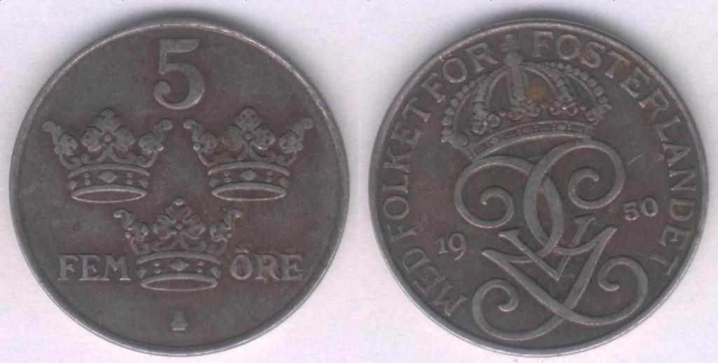 Монета Швеция 5 эре 1950 г. VF, железо
