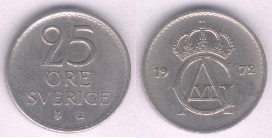 Монета Швеция 25 эре 1972 г. XF