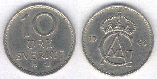 Монета Швеция 10 эре 1964 г. XF