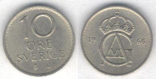 Монета Швеция 10 эре 1966 г. XF
