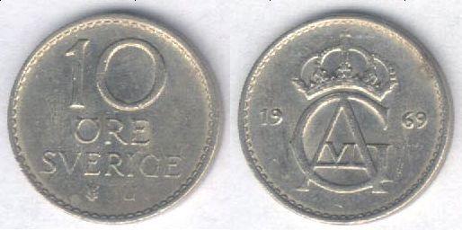 Монета Швеция 10 эре 1969 г. XF