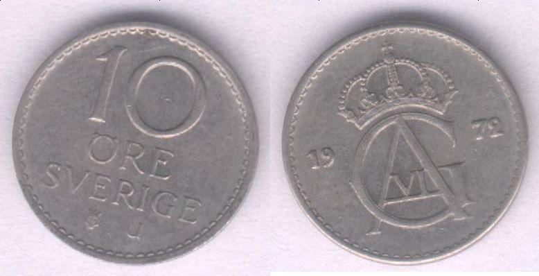 Монета Швеция 10 эре 1972 г. XF