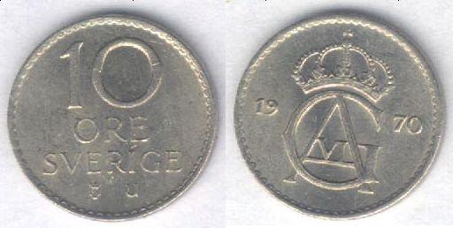 Монета Швеция 10 эре 1970 г. XF