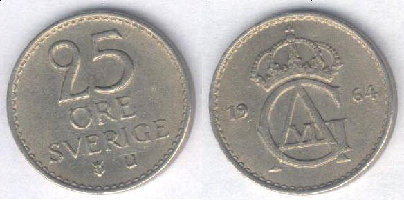 Монета Швеция 25 эре 1964 г. VF