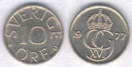 Монета Швеция 10 эре 1977 г. XF