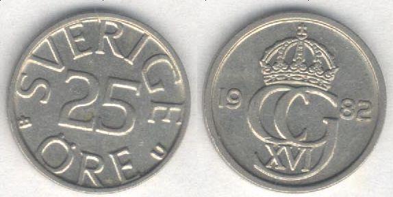 Монета Швеция 25 эре 1982 г. XF