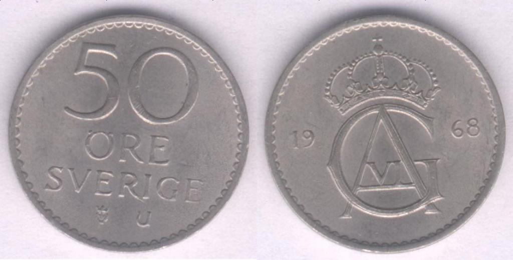 Монета Швеция 50 эре 1968 г. XF+