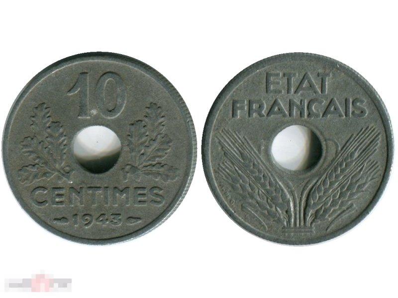 10 сантимов Франции 1943 г. Режим Виши (?tat Fran?ais, 1941-1944)