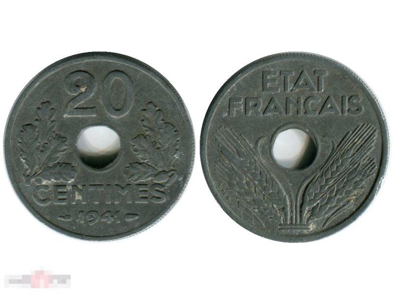20 сантимов Франции 1941 г. Режим Виши (?tat Fran?ais, 1941-1944)
