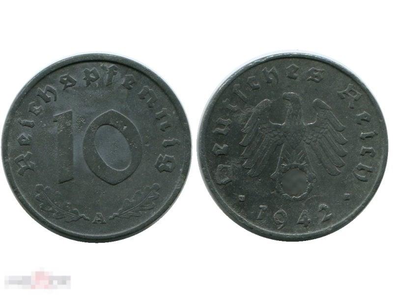 10 рейхспфеннигов Германии 1942 г. A