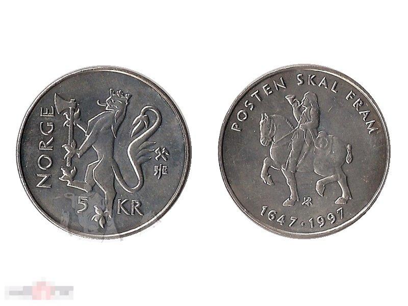 5 Крон Норвегии 1997 г. 350-летие Норвежской Почты