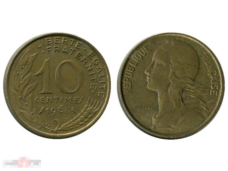 10 сантимов Франции 1968 г.