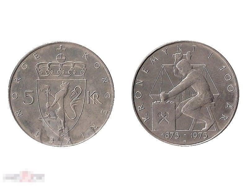 5 Крон Норвегии 1975 г. 100 лет норвежской кроне