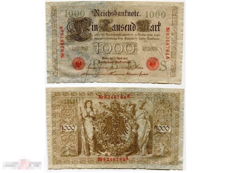 1000 марок Германии 1910 г., Веймарская республика (красная печать) VG