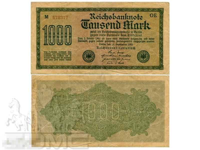 1000 марок Германии 15.09.1922 г. (номер серии красный)