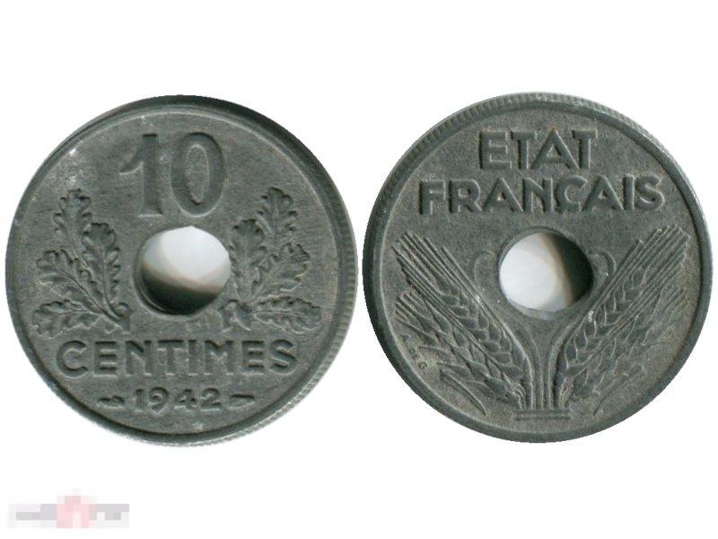10 сантимов Франции 1942 г. Режим Виши (?tat Fran?ais, 1941-1944)