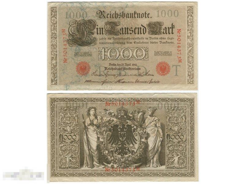 1000 марок Германии 1910 г., Веймарская республика (красная печать)