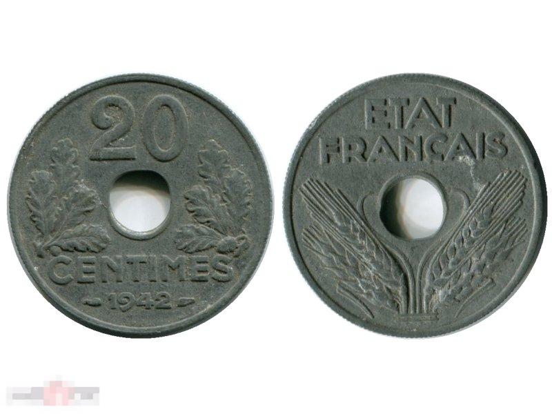 20 сантимов Франции 1942 г. Режим Виши (?tat Fran?ais, 1941-1944)