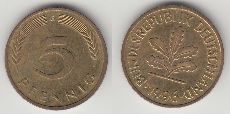 Германия ФРГ 5 пфеннигов 1996 G М