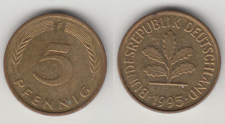 Германия ФРГ 5 пфеннигов 1995 F М _1