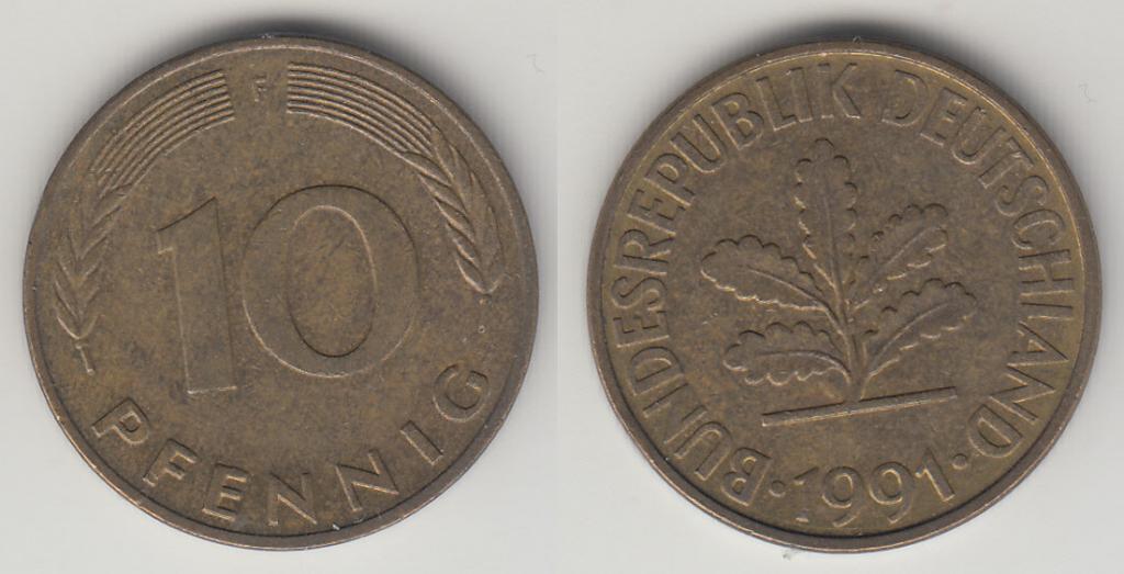 Германия ФРГ 10 пфеннигов 1991 F М