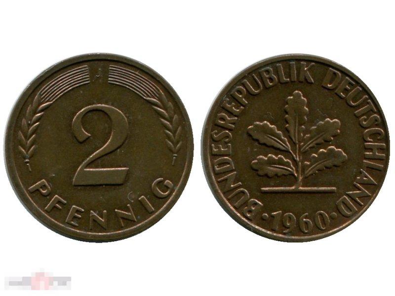 2 пфеннига Германии 1960 г. (J)