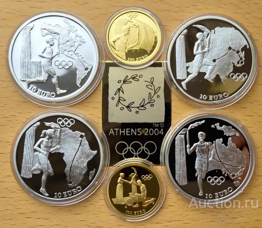 100 евро Греция 2004 Олимпиада 10 евро Золото Серебро Набор пруф