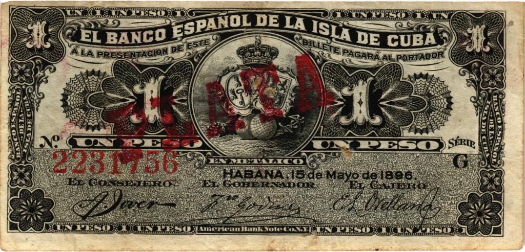 1 песо 1896 Куба, надпечатка "PLATA",  P. 47b 