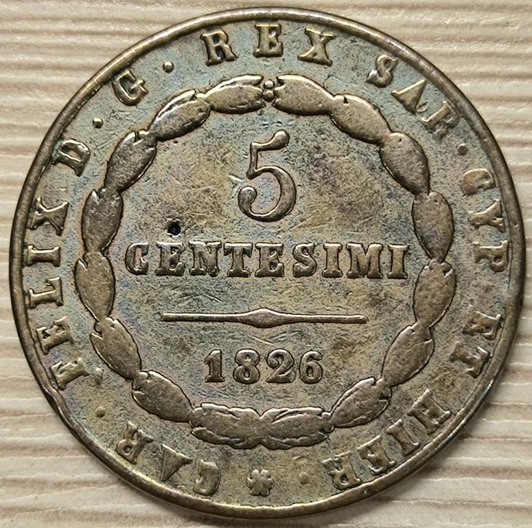 Италия, Сардиния 5 чентезими 1826 г. Оригинал. VF