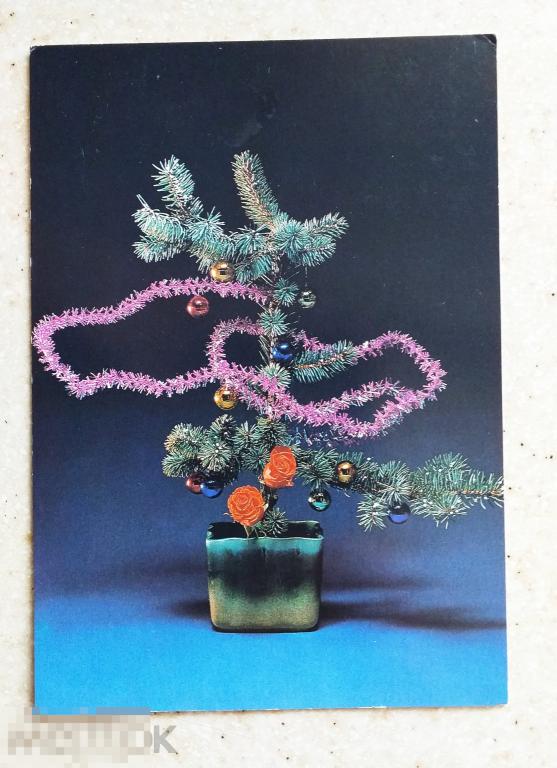 АН08  Новикова С новым годом! 1990 г. Ветка ели Розы Композиция Чистая