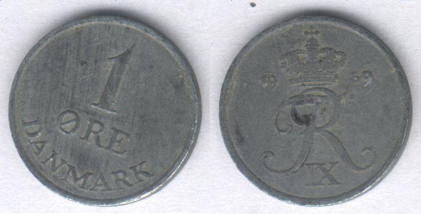 Монета Дания 1 эре 1959 г. VF, цинк