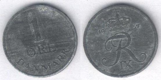 Монета Дания 1 эре 1957 г. XF, цинк