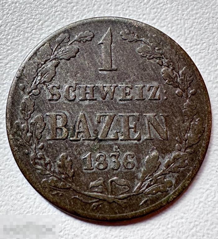 1 Батцен • Батзен 1836 • Швейцария • Кантон ГРАУБЮНДЕН • KM# 15 • Тираж 99,000