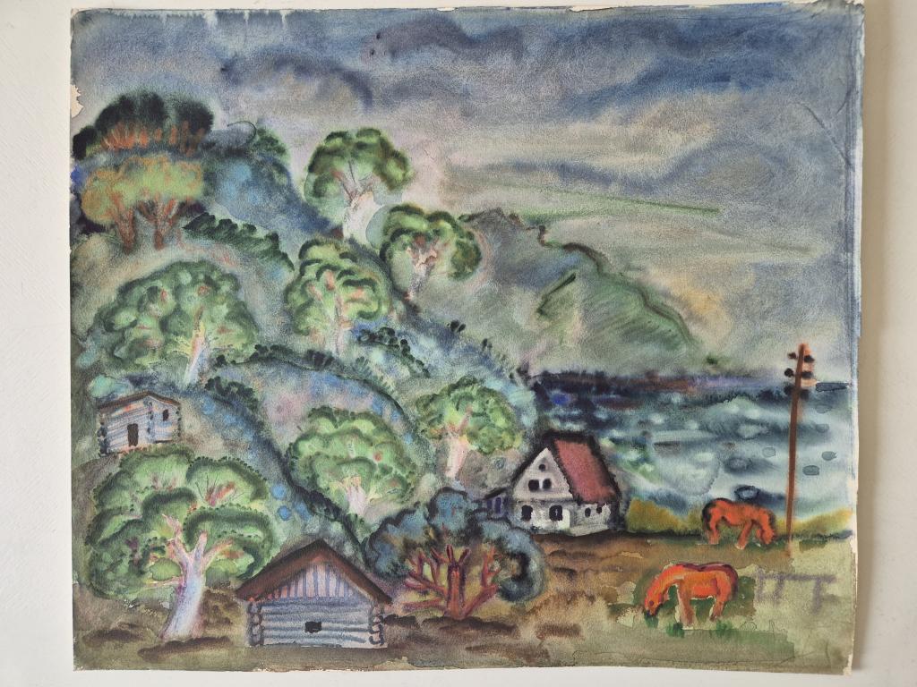Полянская Л.С. (1905-1979)  Камчатка. Лошади возле домиков