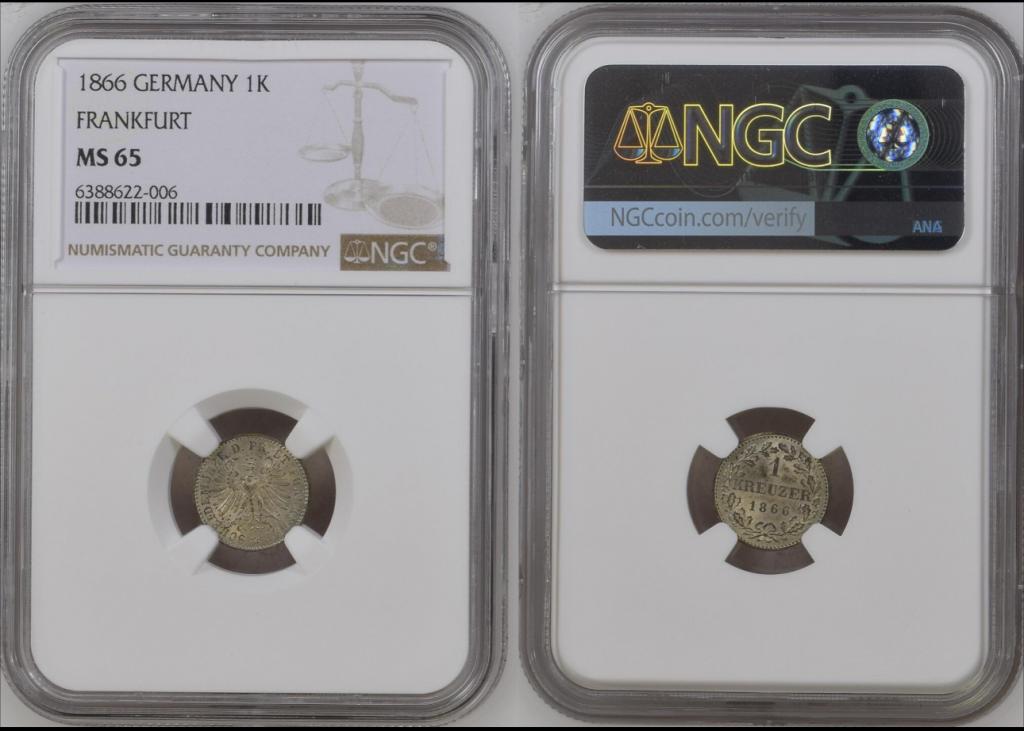 Германия Франкфурт 1 крейцер 1866 года NGC MS65 J#34