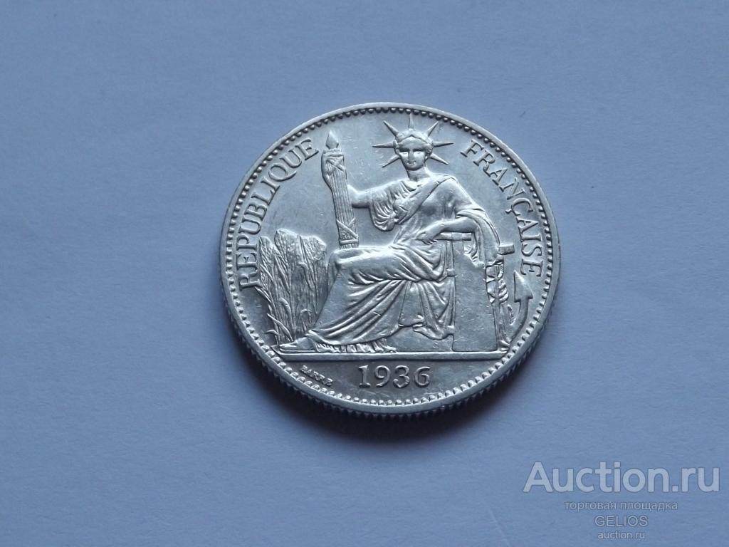 Французский Индокитай 50 центов 1936 Серебро 900 Превосходное Коллекционное СОСТОЯНИЕ!! Детализация!