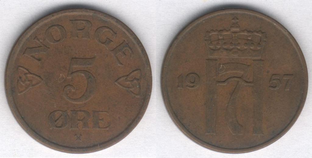 Монета Норвегия 5 эре 1957 г. VF