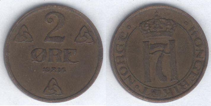 Монета Норвегия 2 эре 1936 г. VF