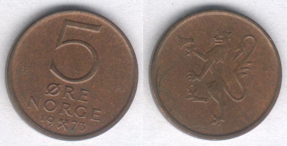 Монета Норвегия 5 эре 1973 г. VF
