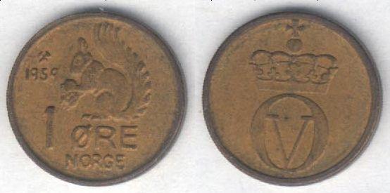 Монета Норвегия 1 эре 1959 г. VF