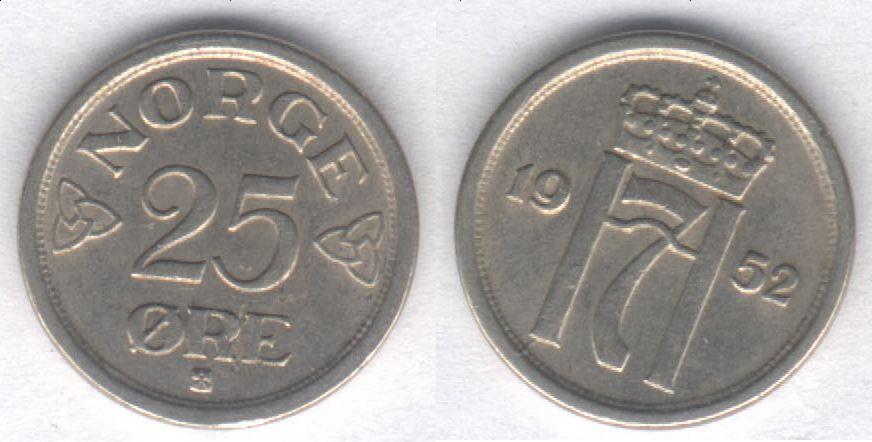 Монета Норвегия 25 эре 1952 г. VF+