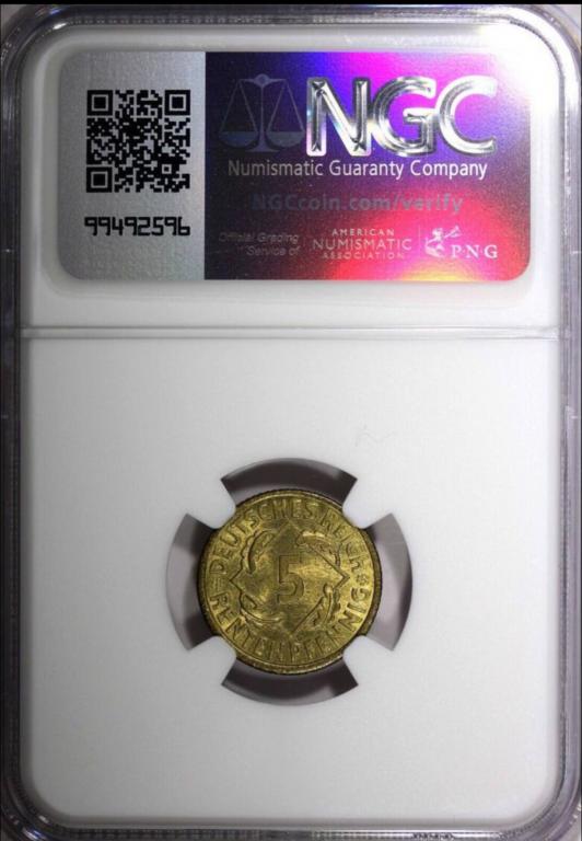 Германия Веймар 5 рентенпфеннигов 1923 г NGC MS65 наивысшая оценка KM#32