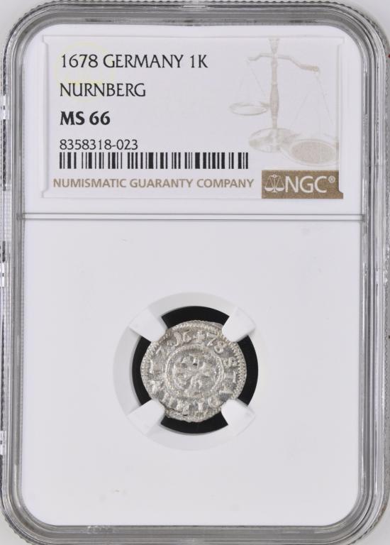Германия Нюрнберг 1 крейцер 1678 года NGC MS66 AК#464